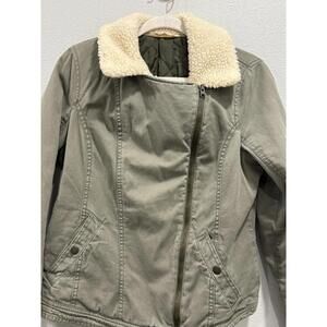 Hollister Malaga Beach Sherpa Collar Moto Bomber Jacket Army Green, Large